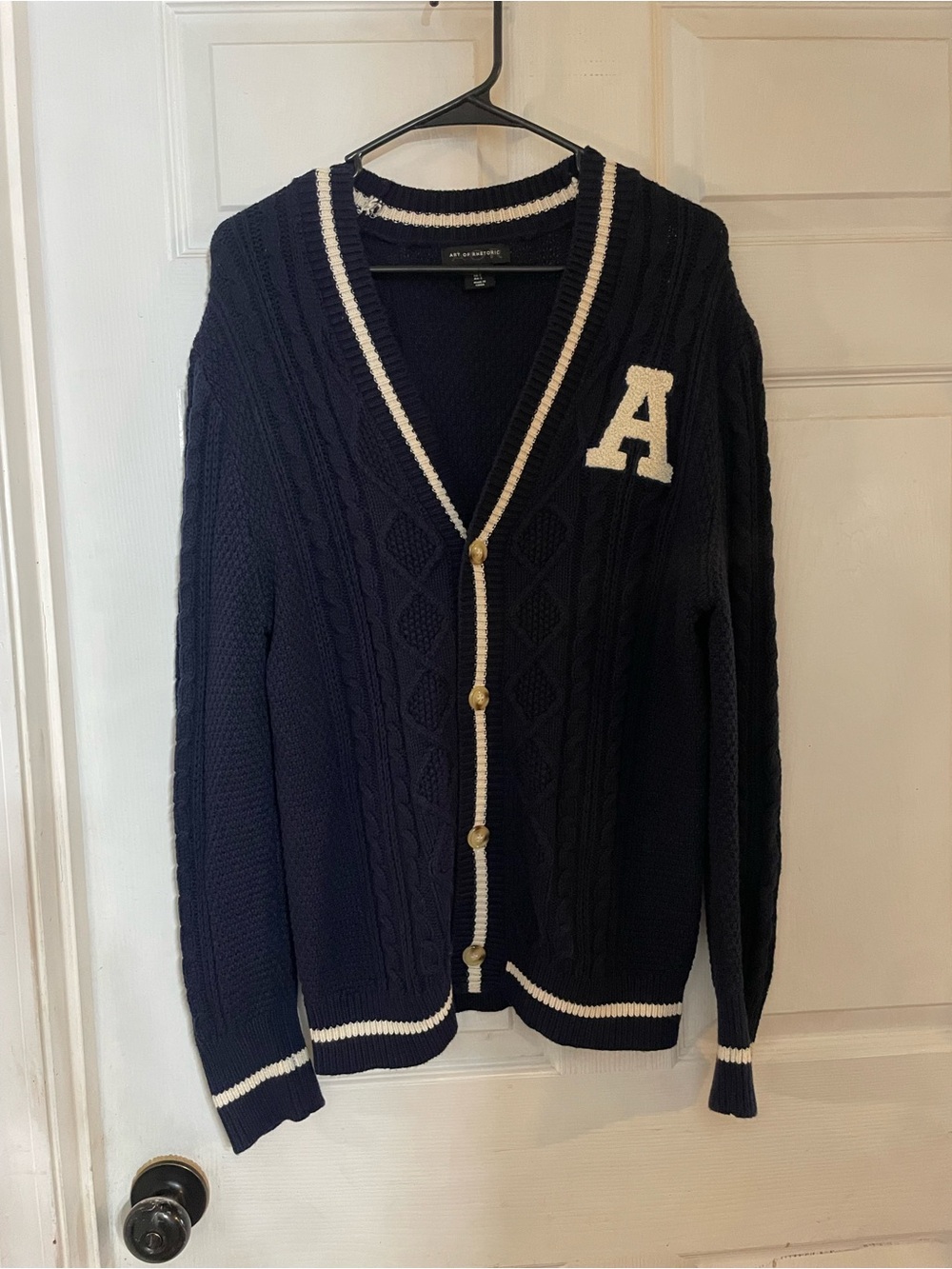 Art Of Rhetoric Navy Cardigan with White Trim and 'A' Patch Small